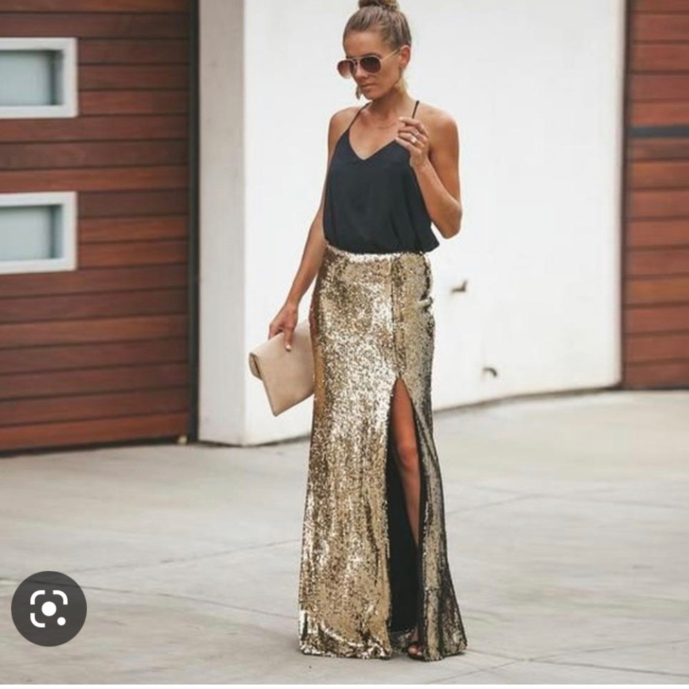 Vici Gold Sequin long skirt with high slit